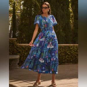 SugarLips Punta Alta Ordy Smocked Midi Dress Cobalt Combo